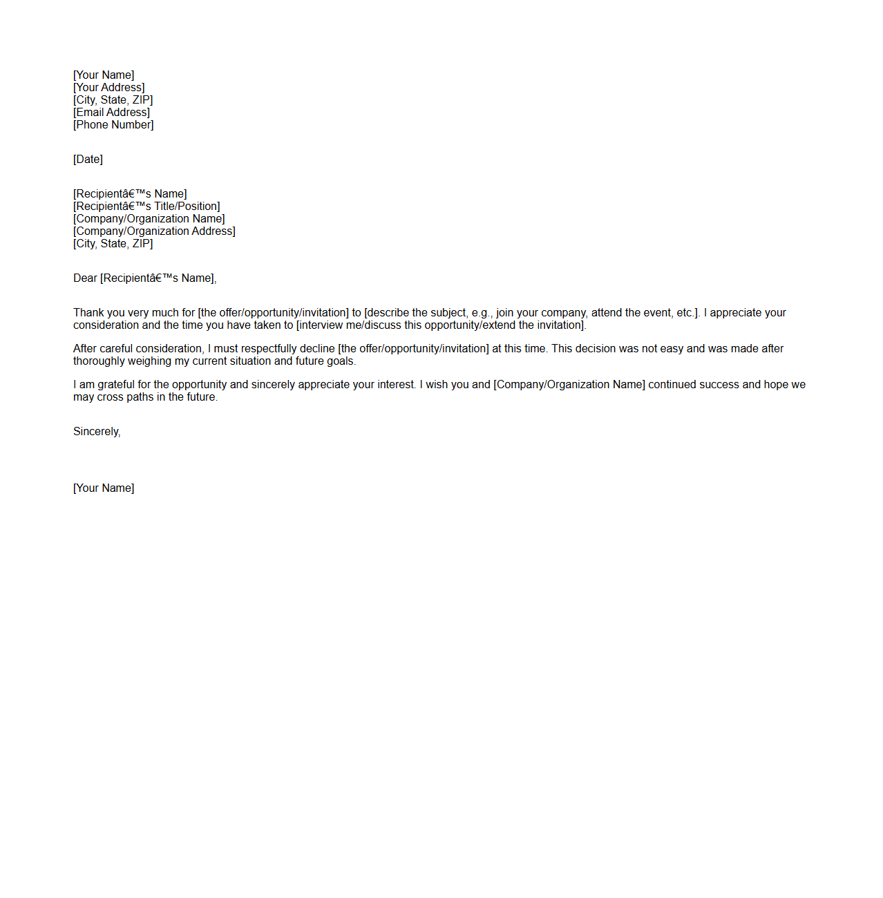 Formal Decline Letter Template