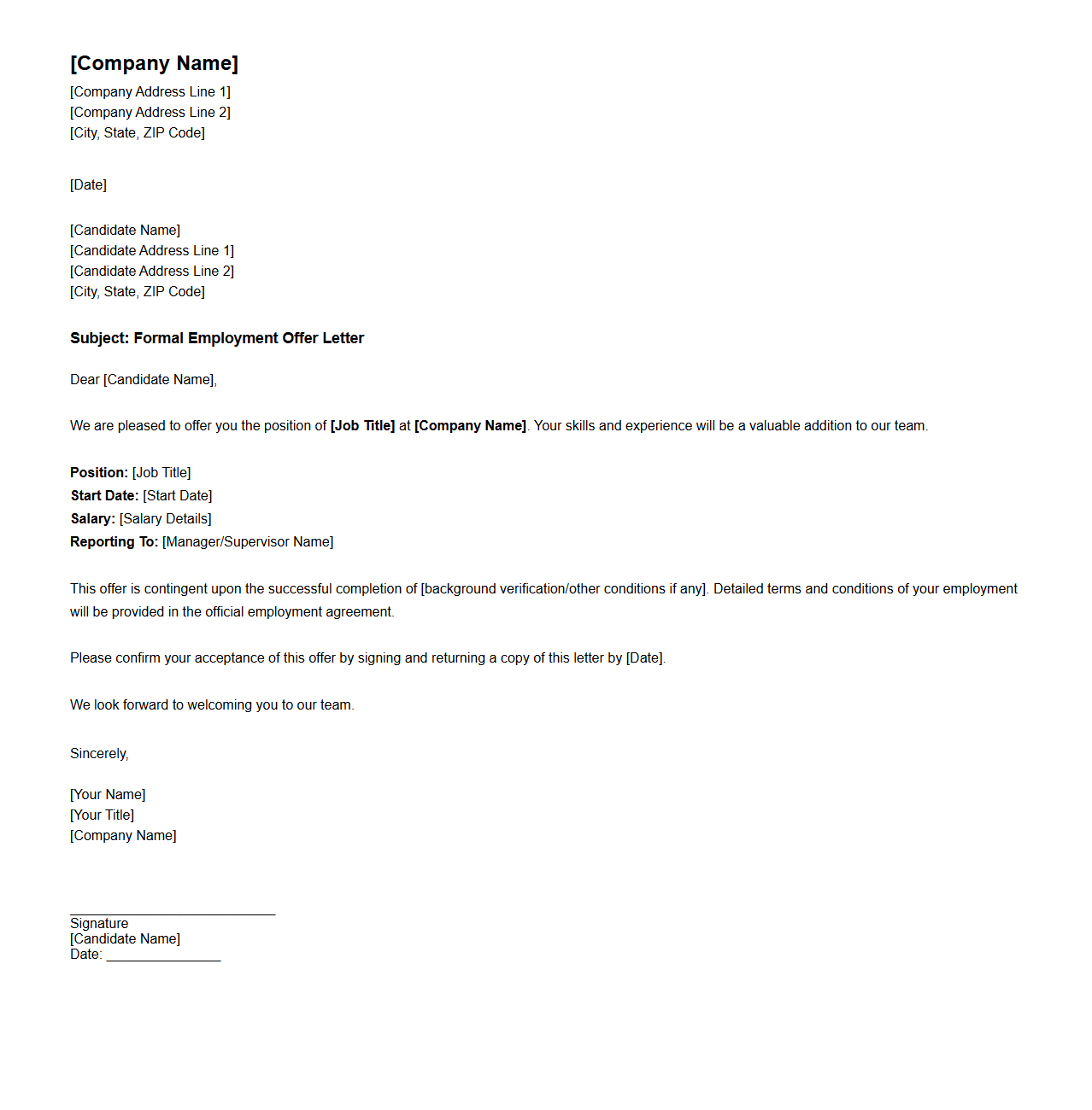 Formal Employment Offer Letter Sample