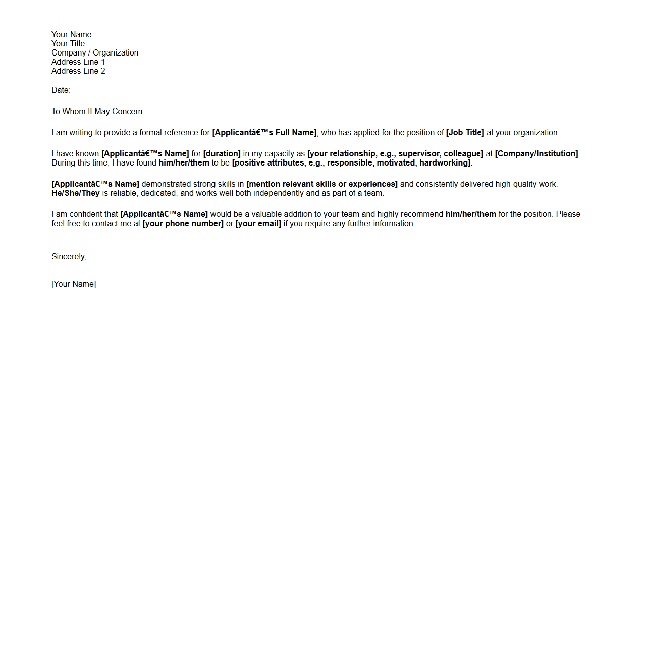 Formal Reference Letter Template for Job Application
