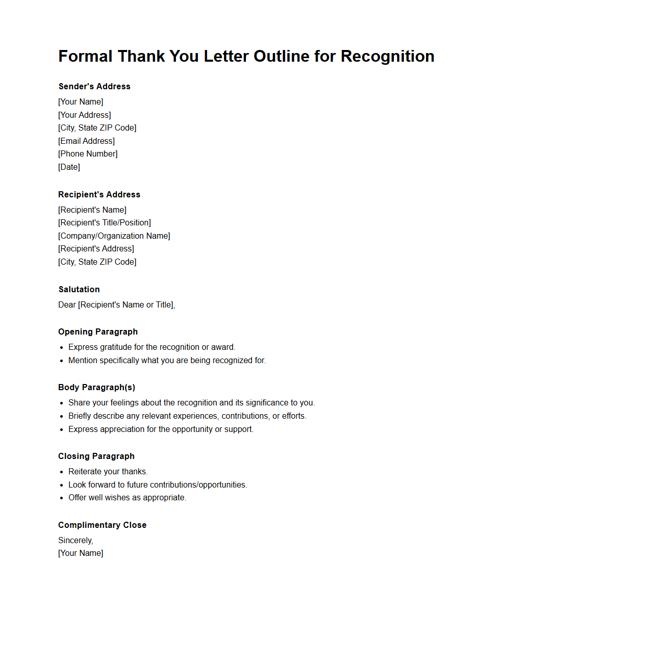 Formal Thank You Letter Outline for Recognition