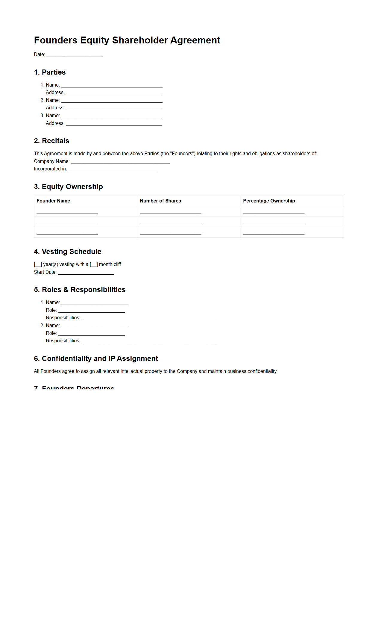 Founders Equity Shareholder Agreement Blank