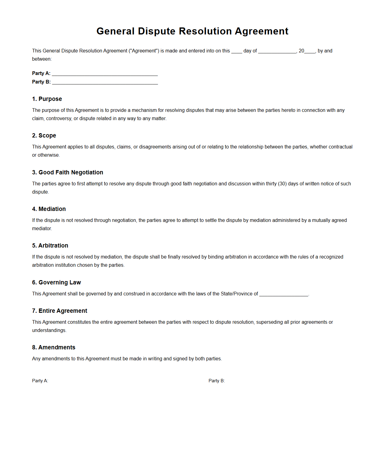 General Dispute Resolution Agreement Format
