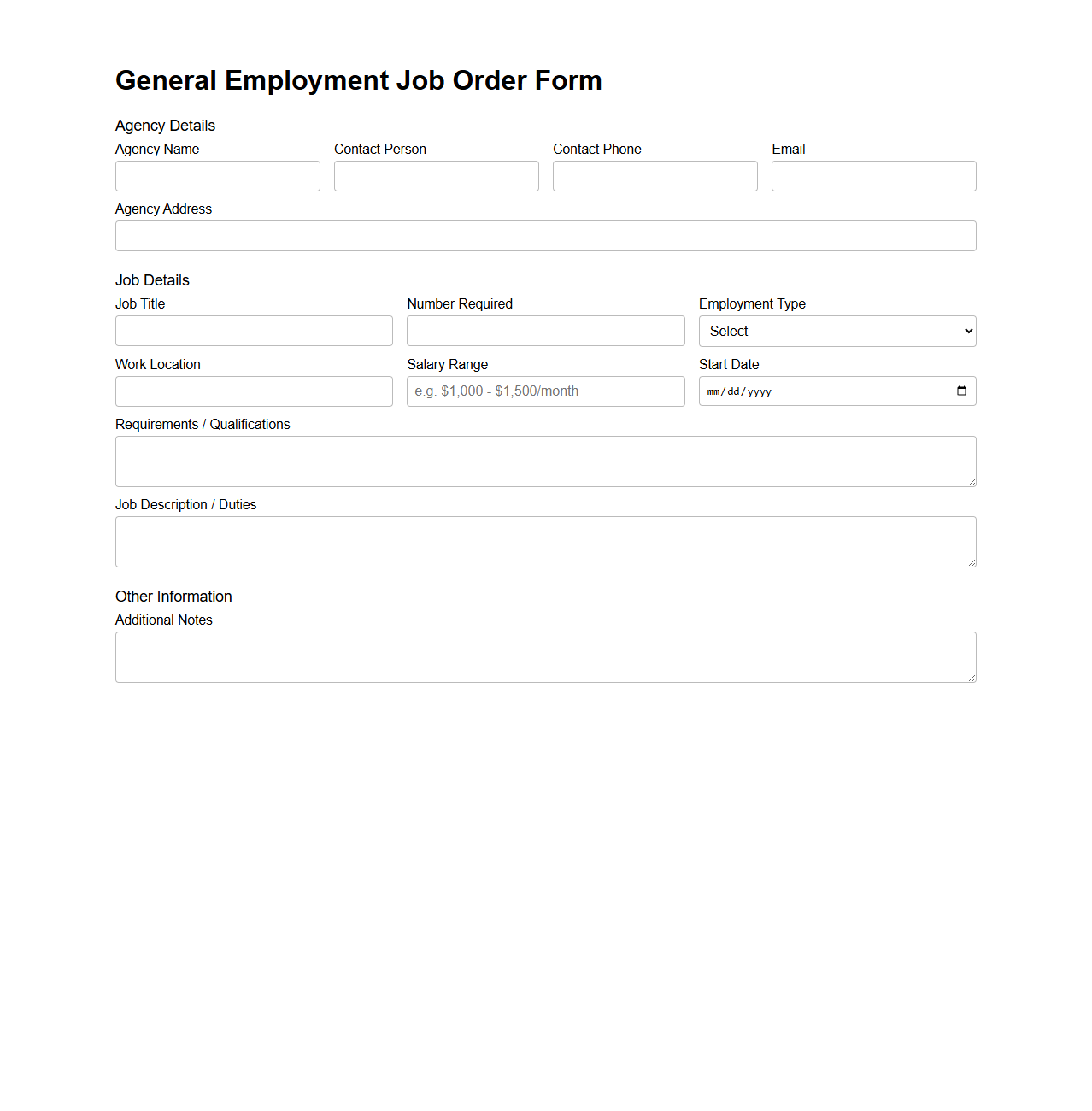 General Employment Job Order Form for Agencies