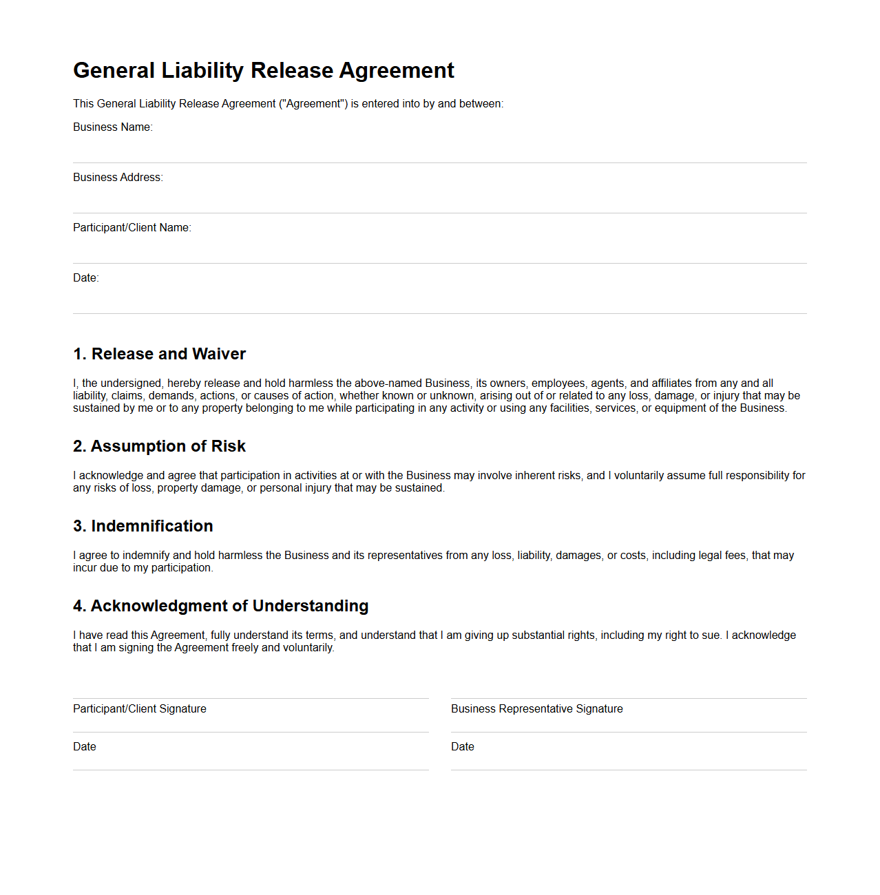General Liability Release Agreement Form for Businesses