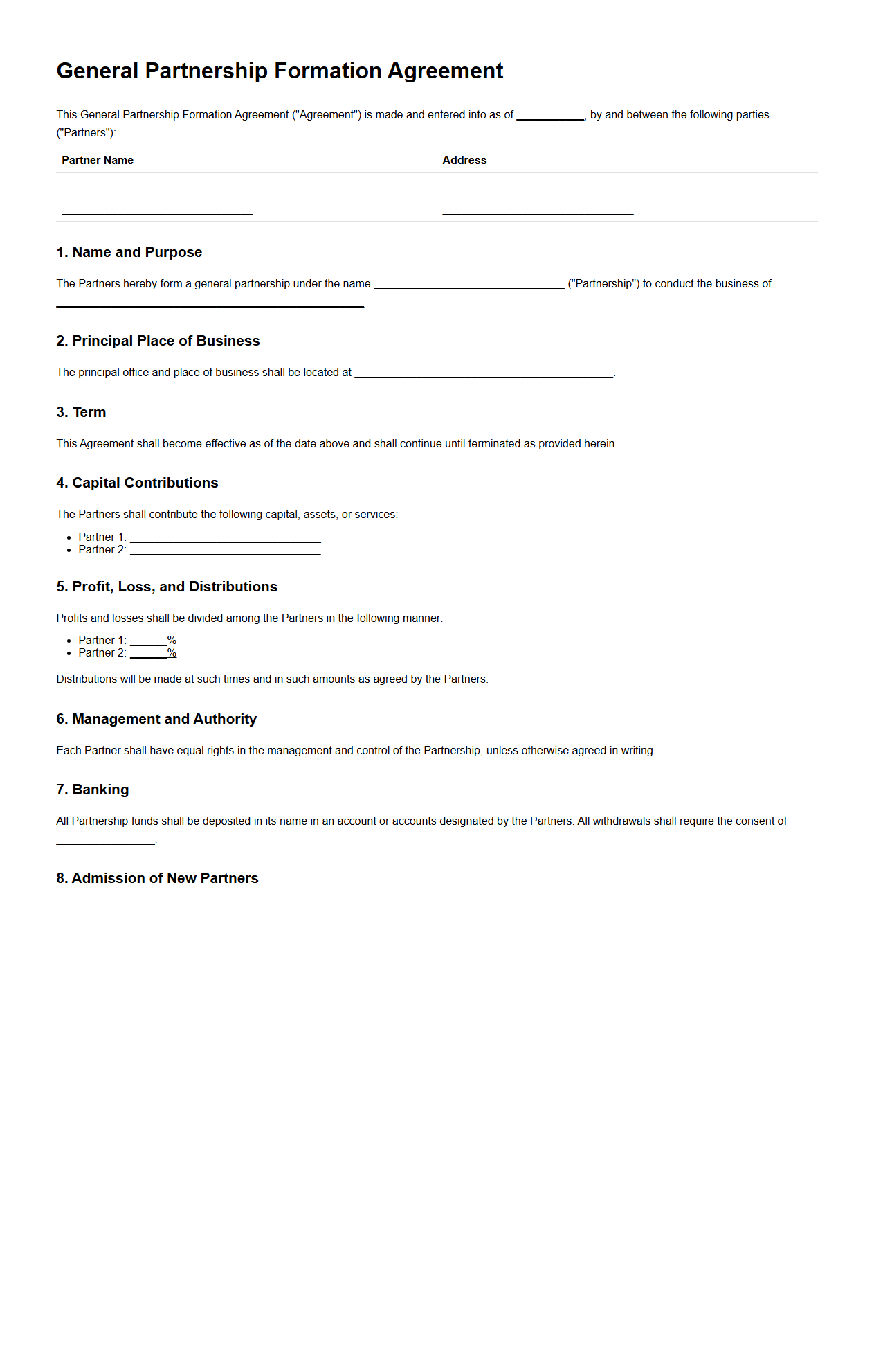General Partnership Formation Agreement Layout