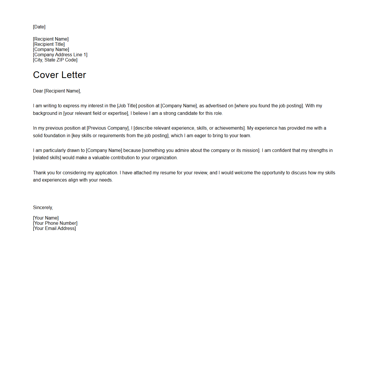 Generic Cover Letter Template