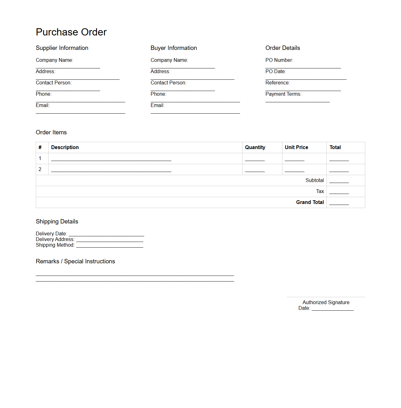 Generic Purchase Order Format for Enterprises