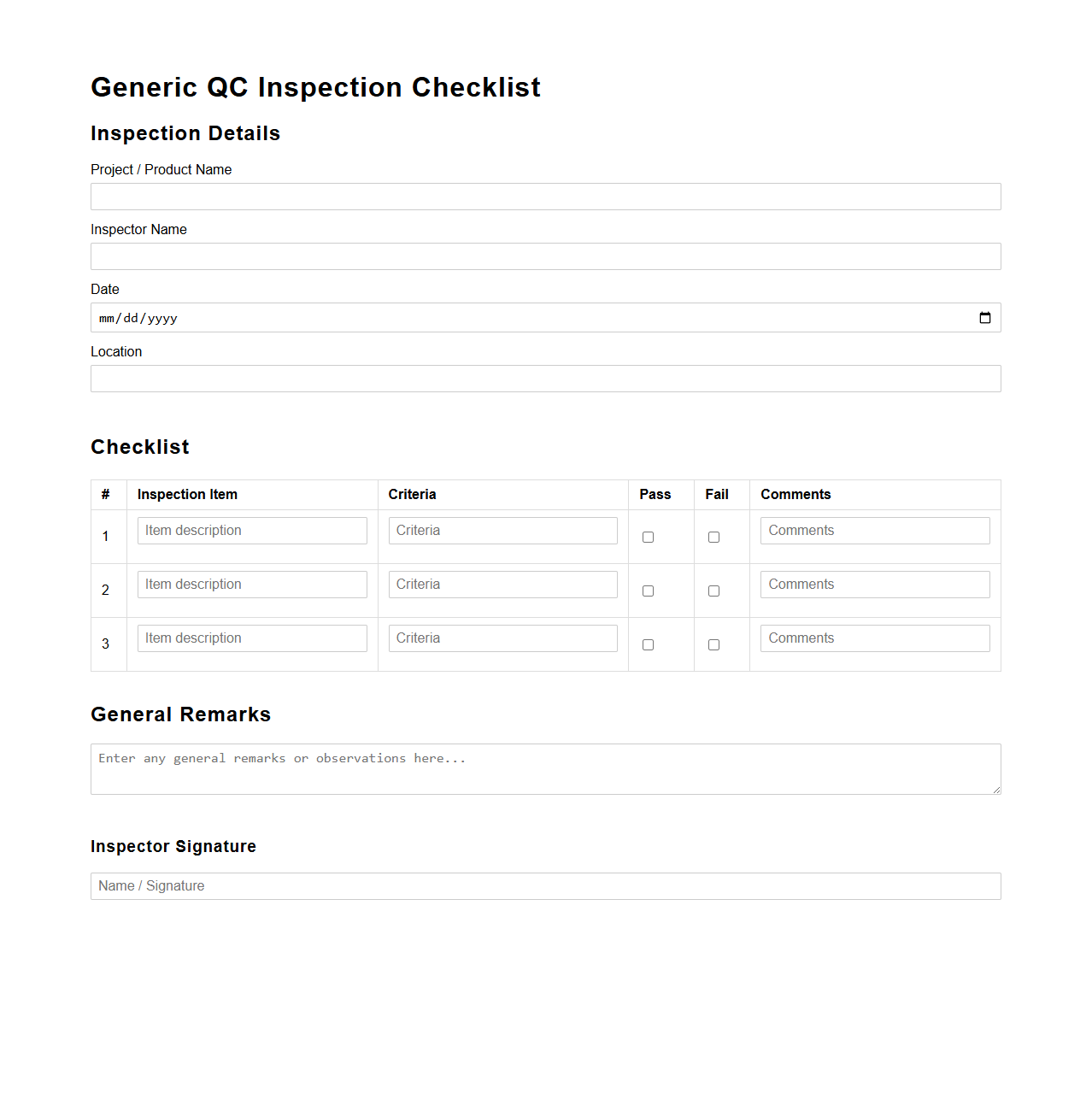 Generic QC Inspection Checklist Layout