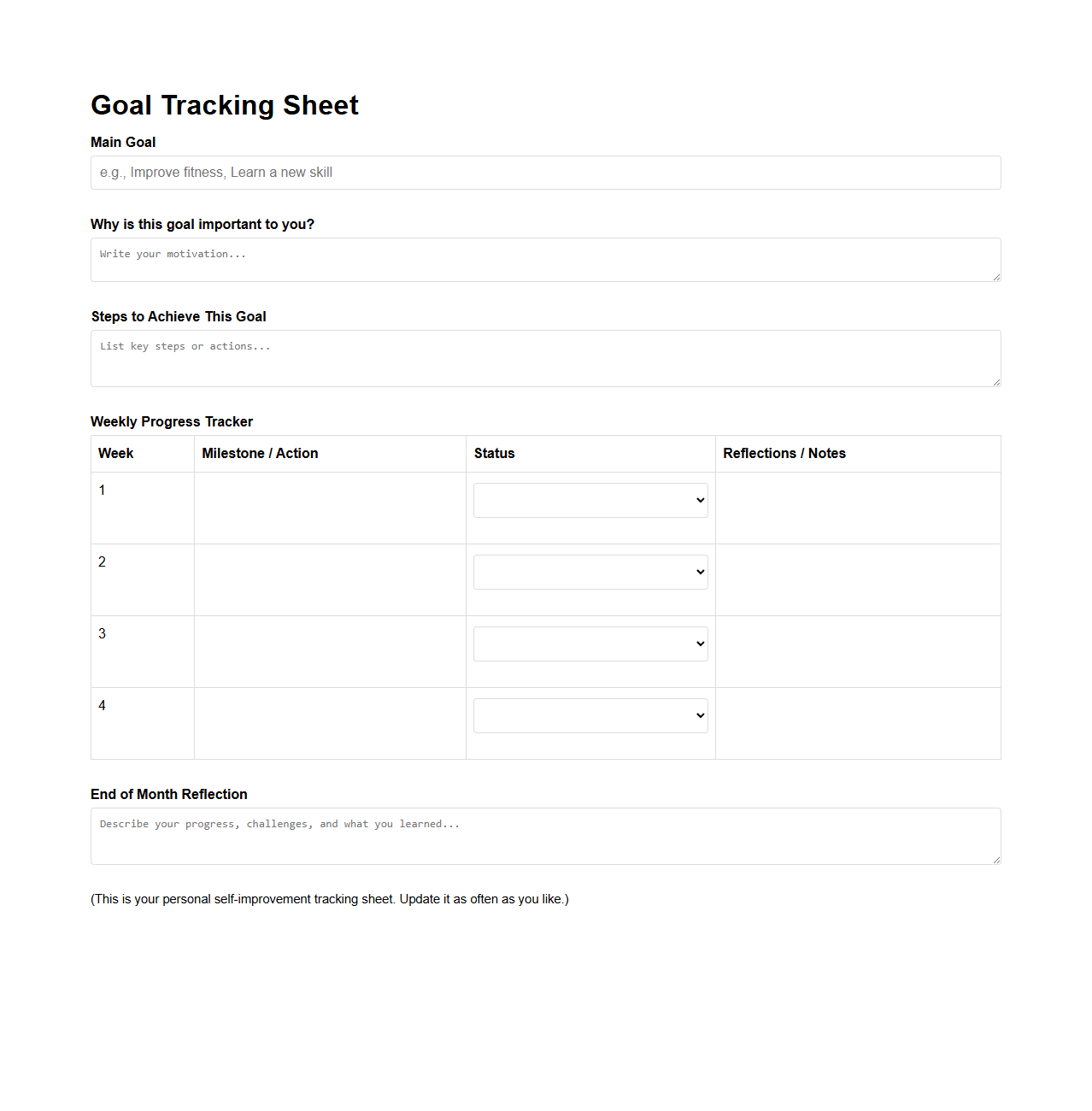 Goal Tracking Sheet for Self-Improvement