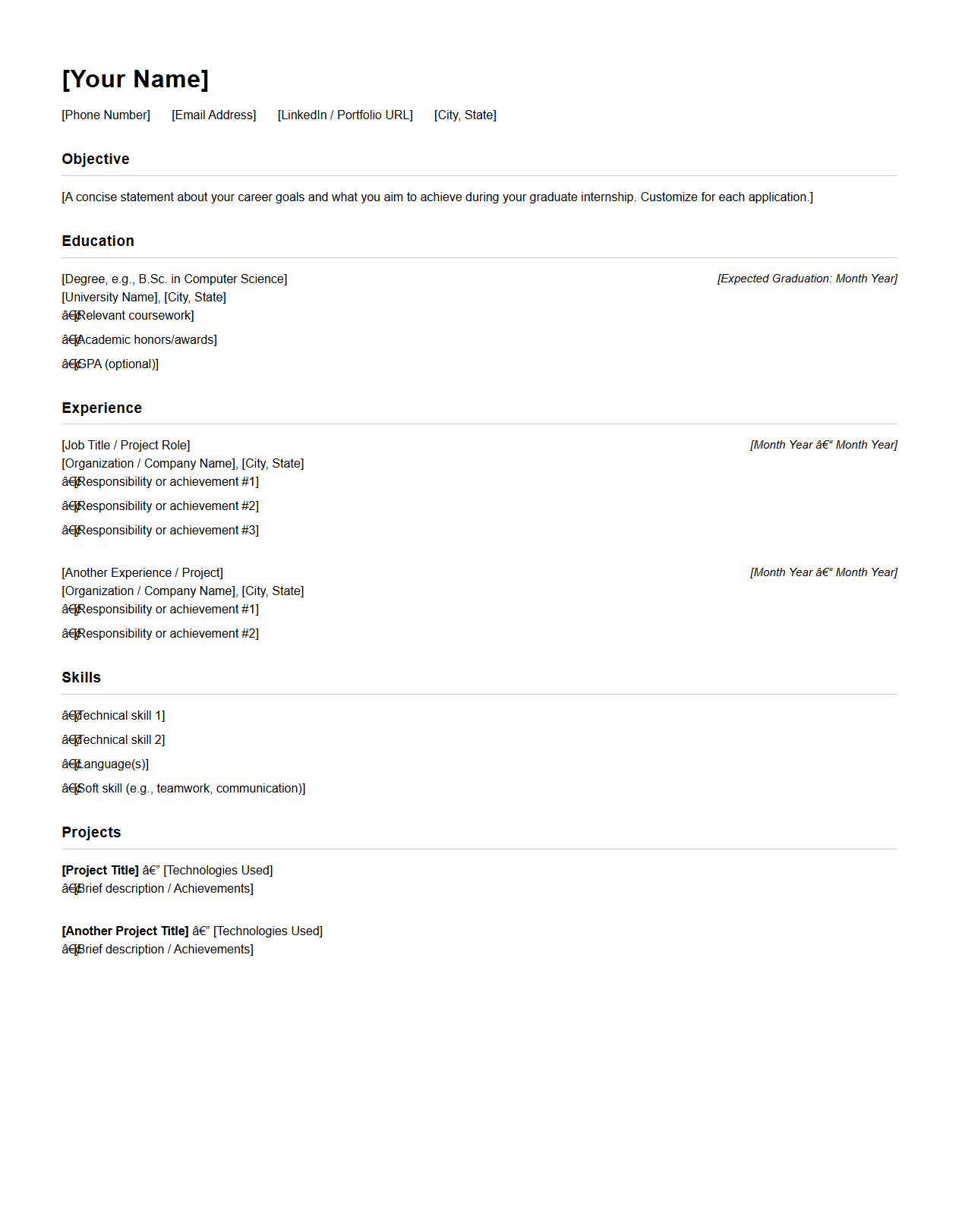 Graduate Internship Resume Outline for Students