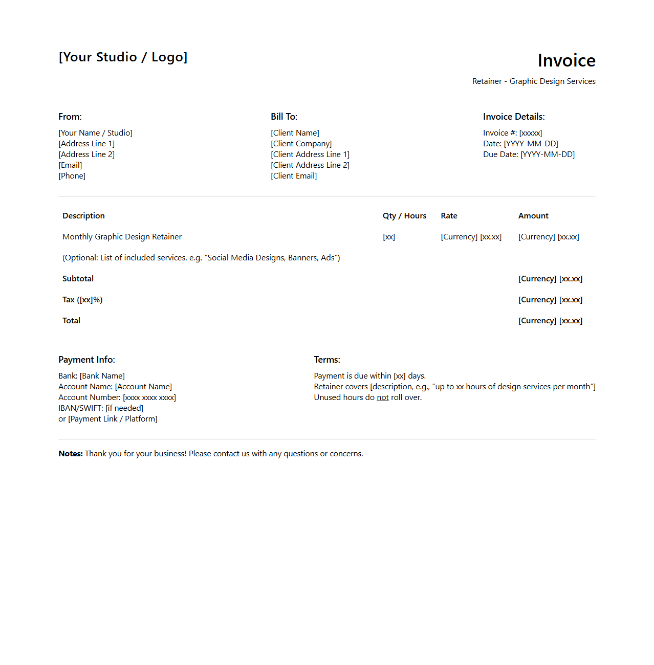 Graphic Design Retainer Invoice Template