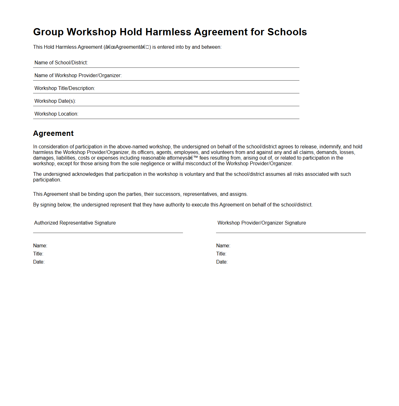 Group Workshop Hold Harmless Agreement for Schools