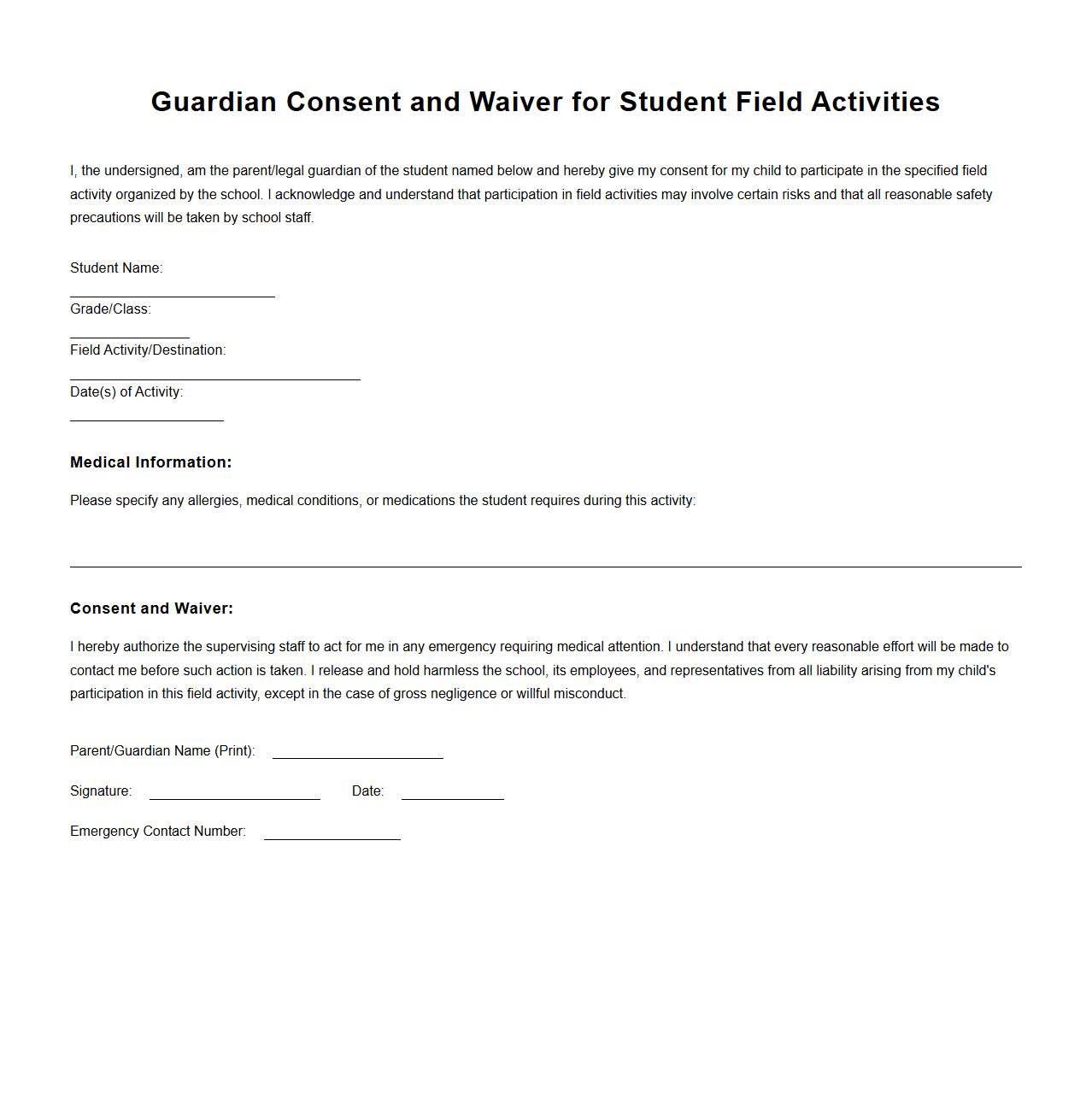 Guardian Consent and Waiver for Student Field Activities
