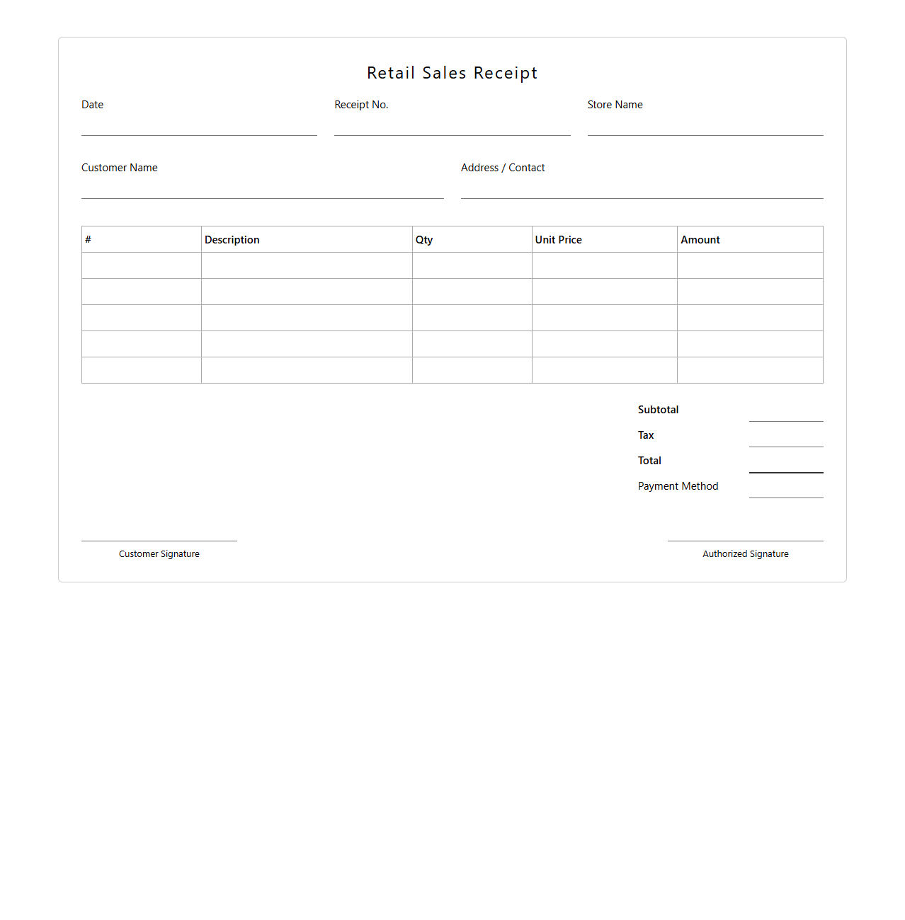 Handwritten Retail Sales Receipt Blank Format