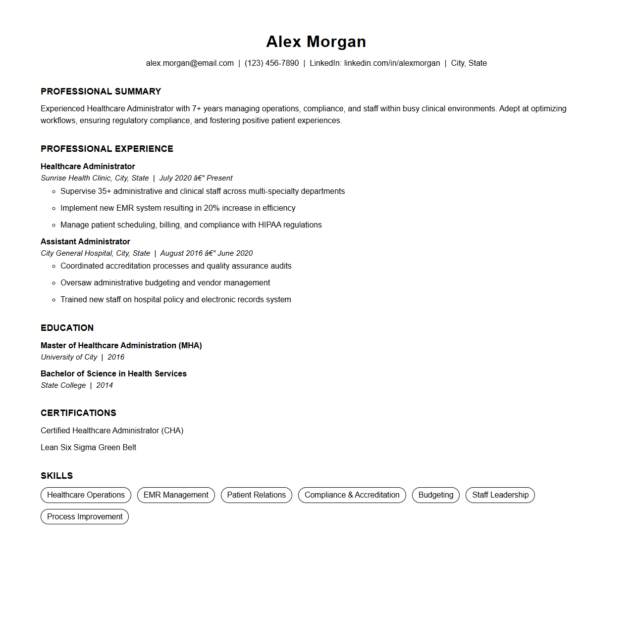 Healthcare Administrator Resume Template Sample