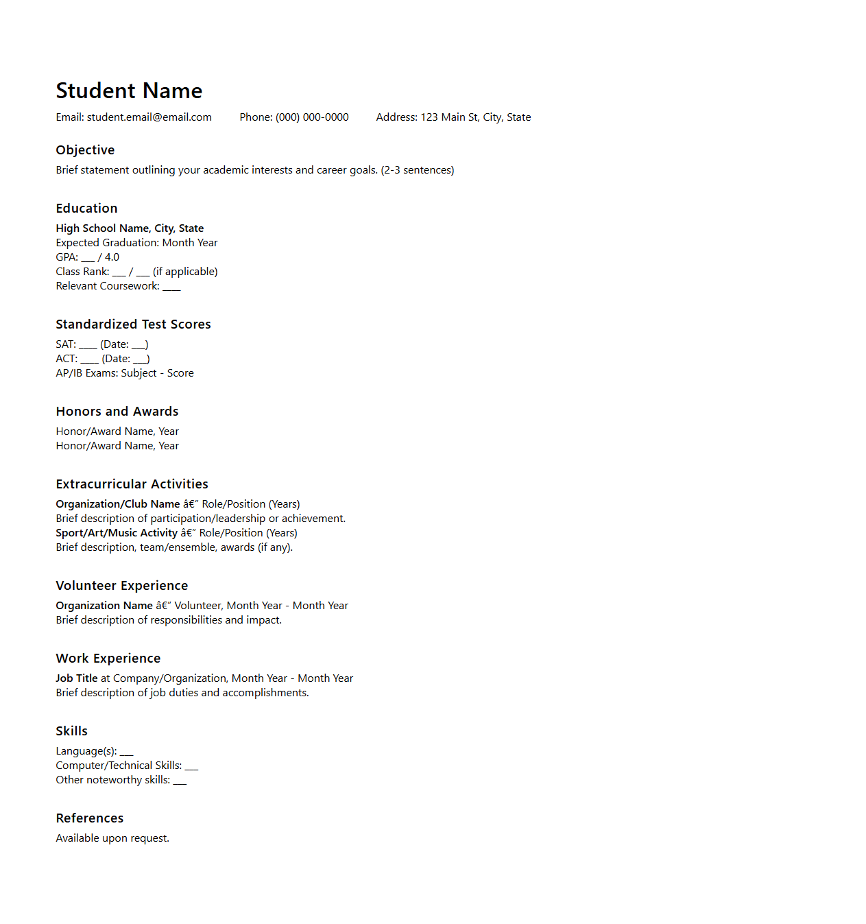 High School Academic Resume Template for University Admission