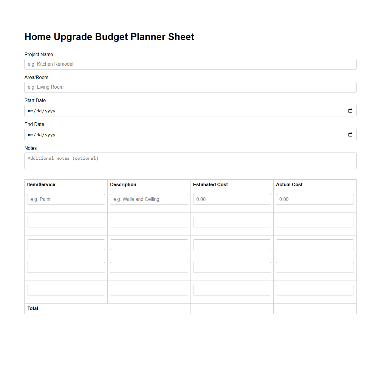 Home Upgrade Budget Planner Sheet