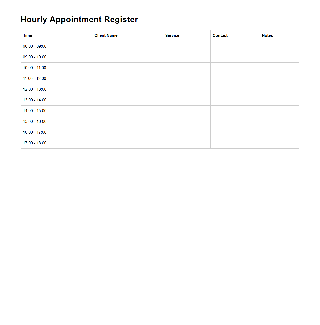 Hourly Appointment Register