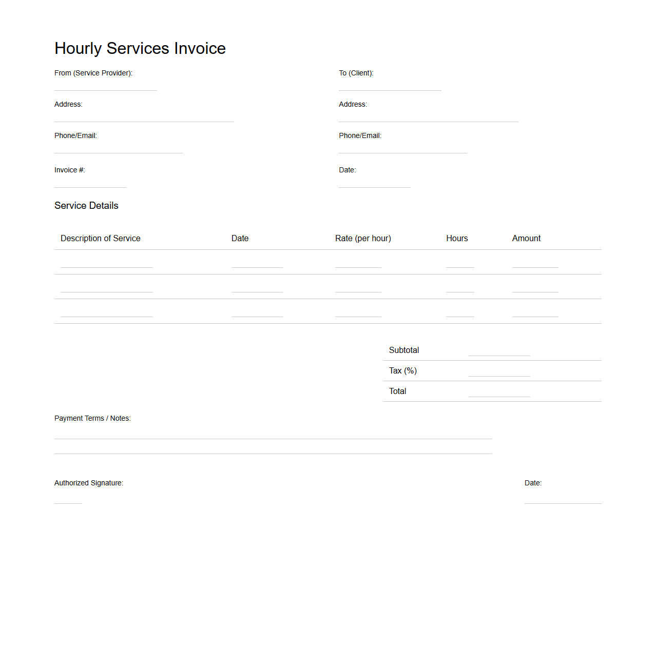 Hourly Services Invoice Blank Format