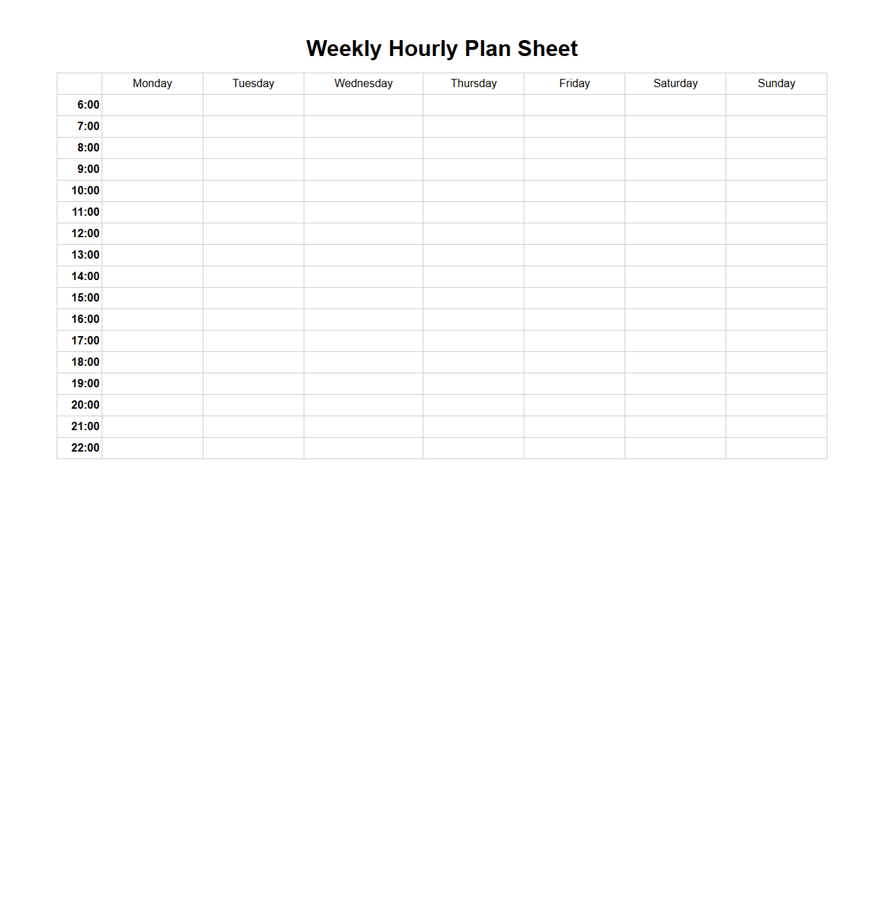 Hourly Weekly Plan Sheet for Structured Time Blocking