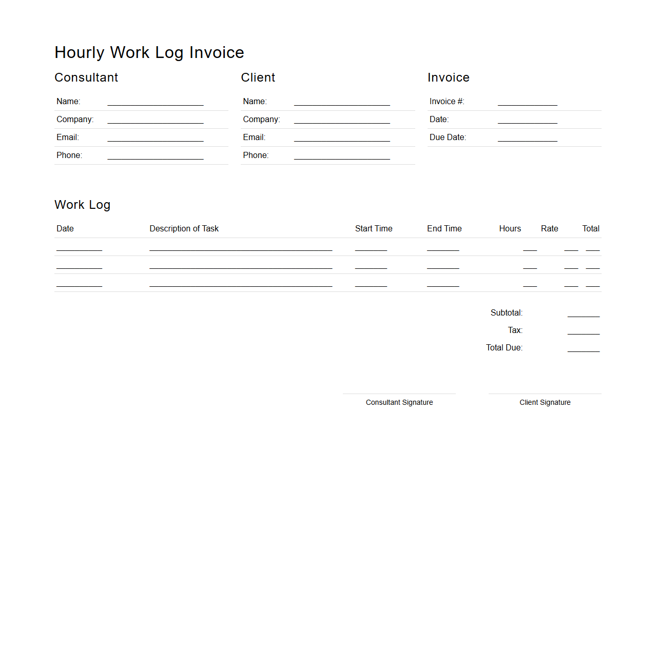 Hourly Work Log Invoice Template for Consultants