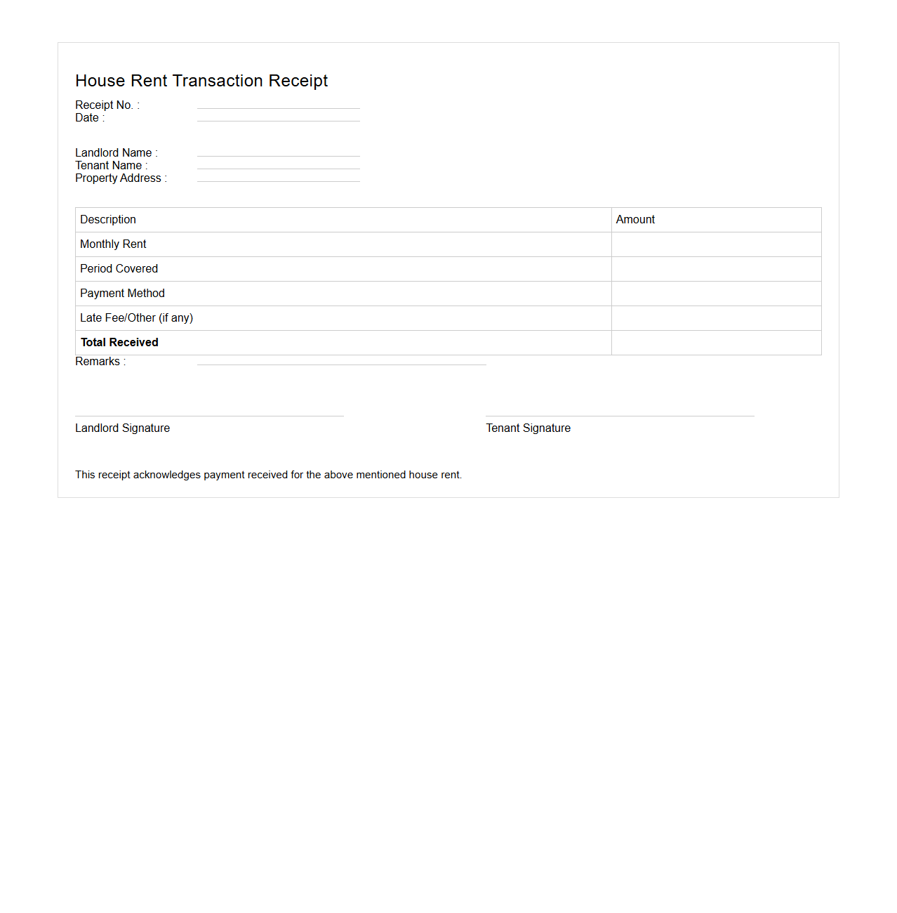 House Rent Transaction Receipt Template