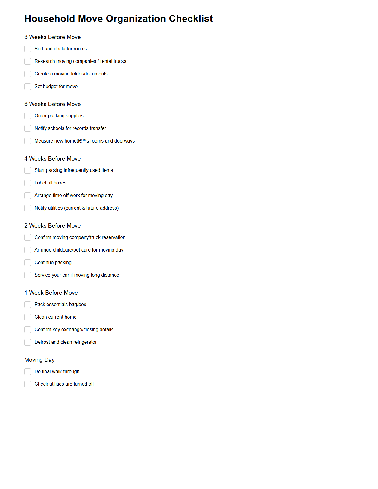 Household Move Organization Checklist