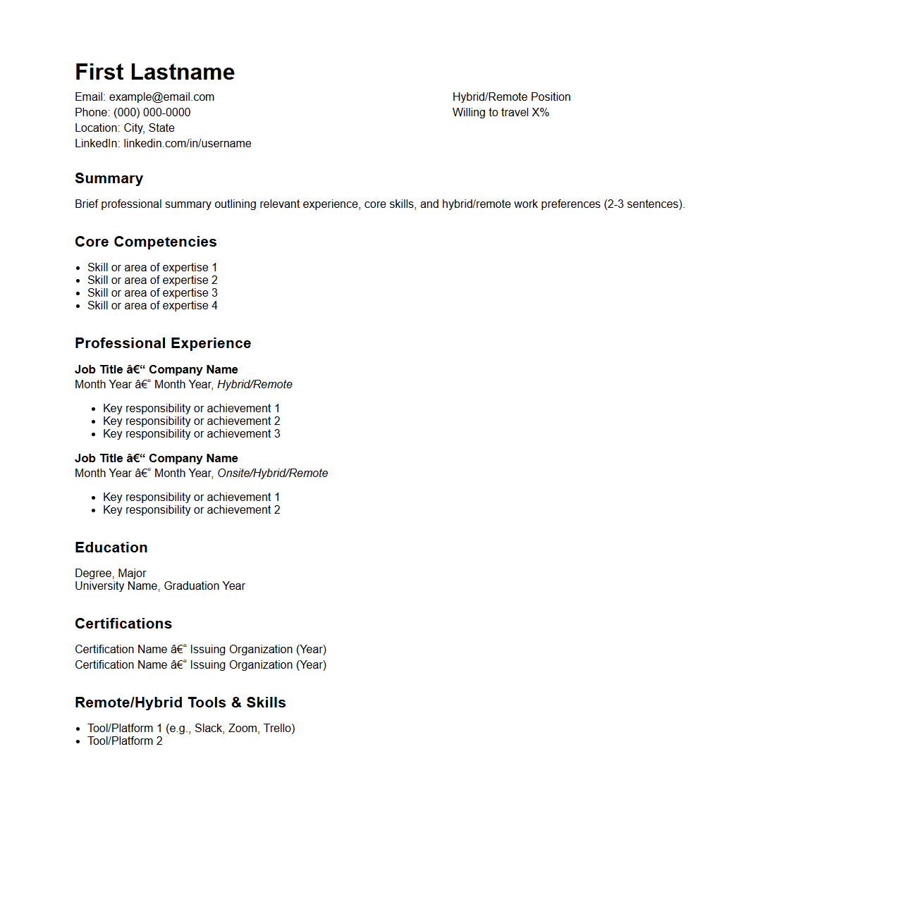 Hybrid Remote Position Resume Structure