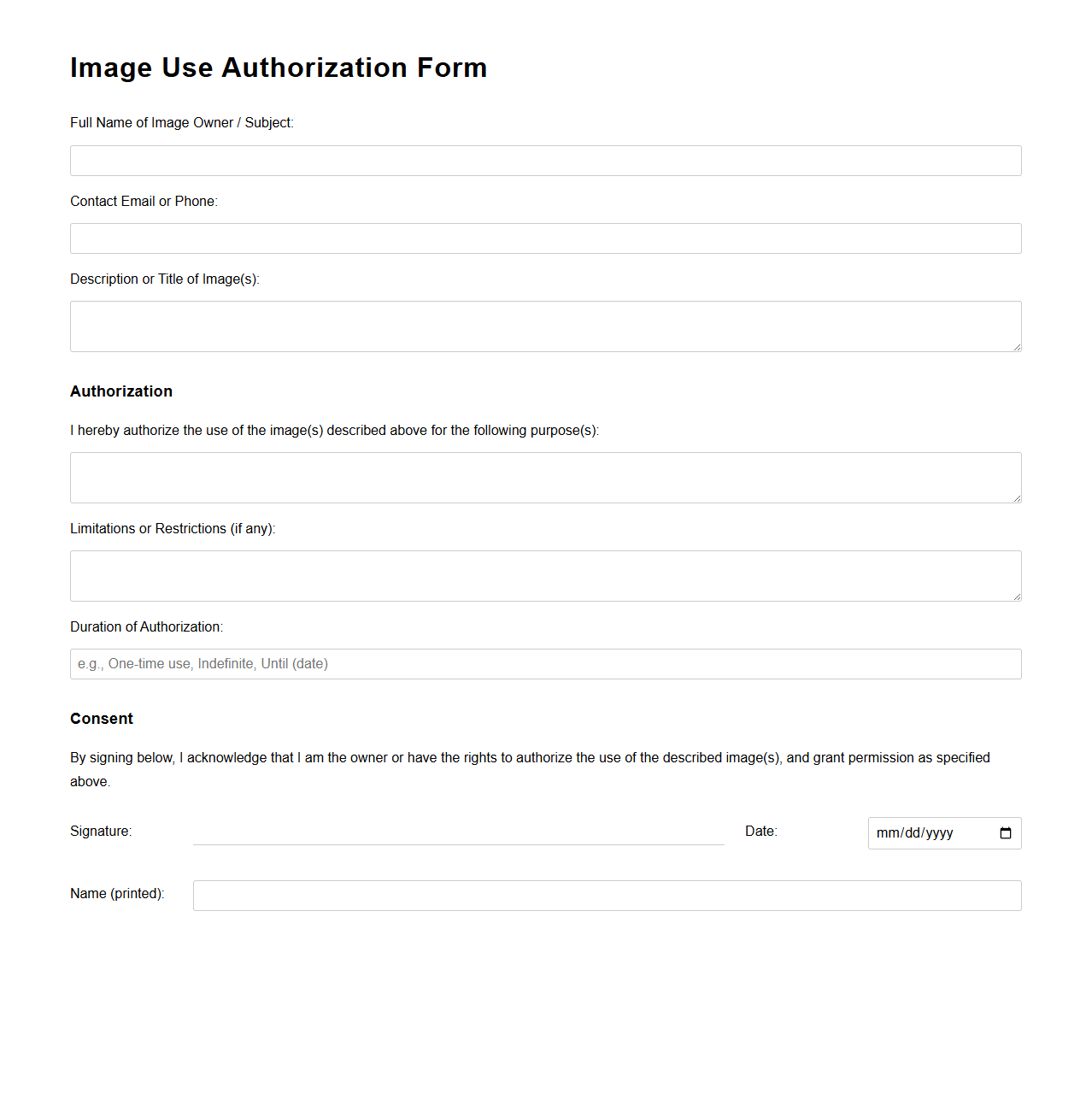 Image Use Authorization Form Template