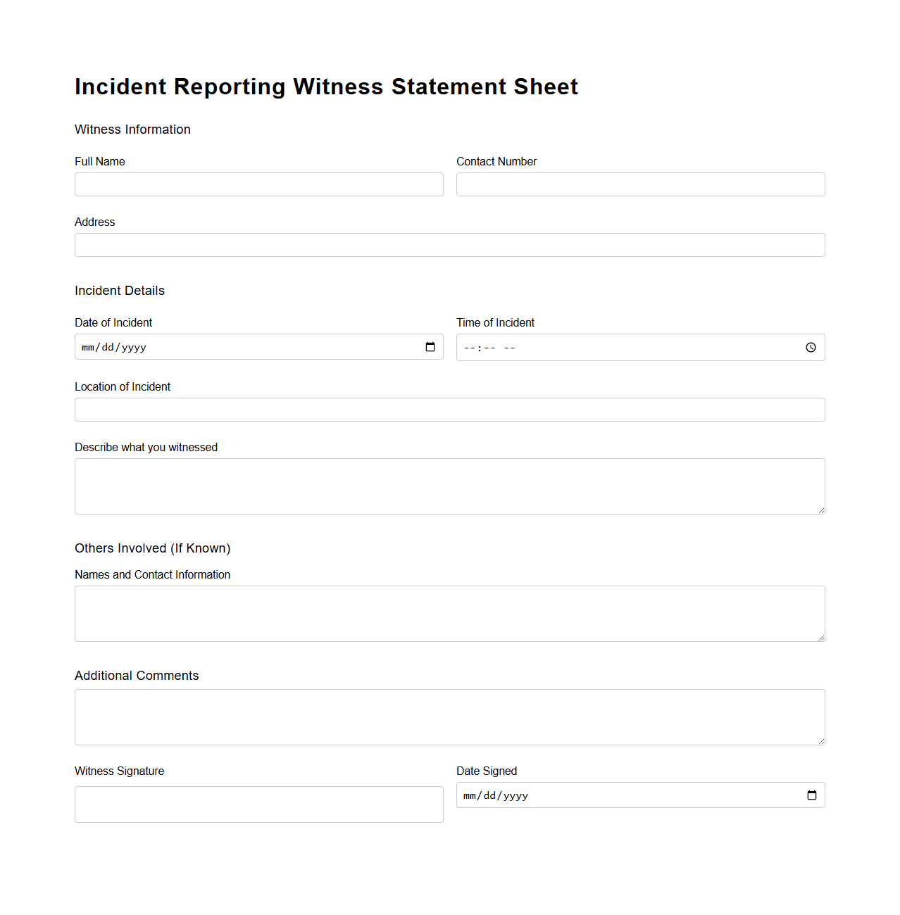 Incident Reporting Witness Statement Sheet