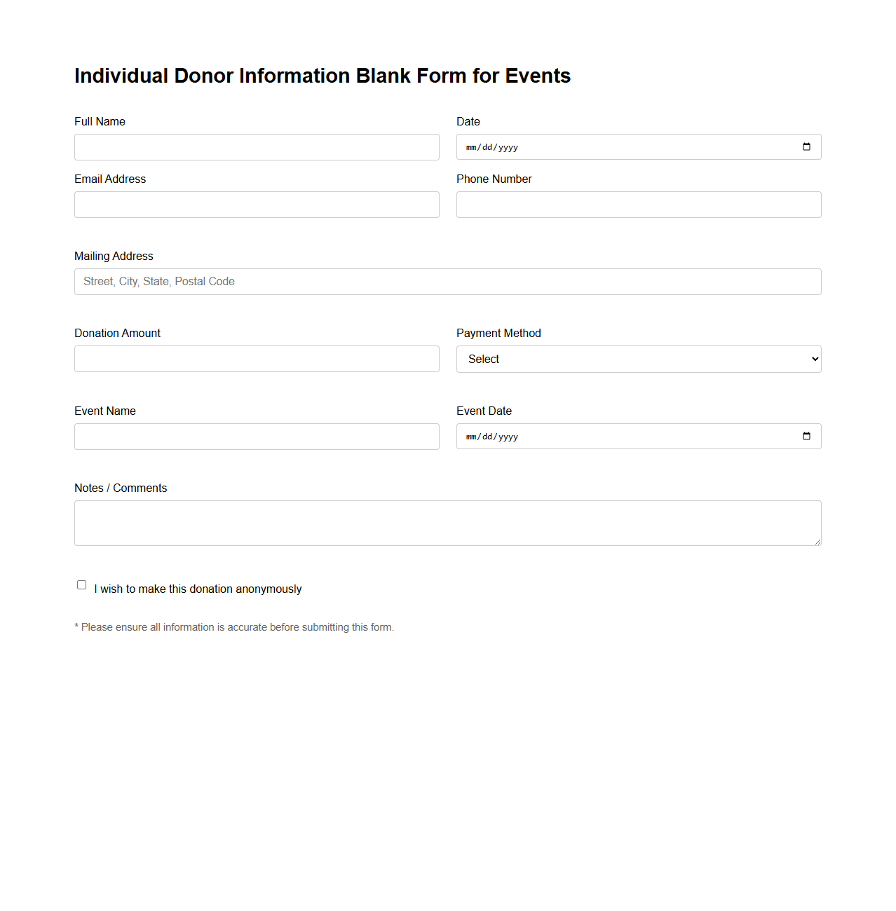 Individual Donor Information Blank Form for Events