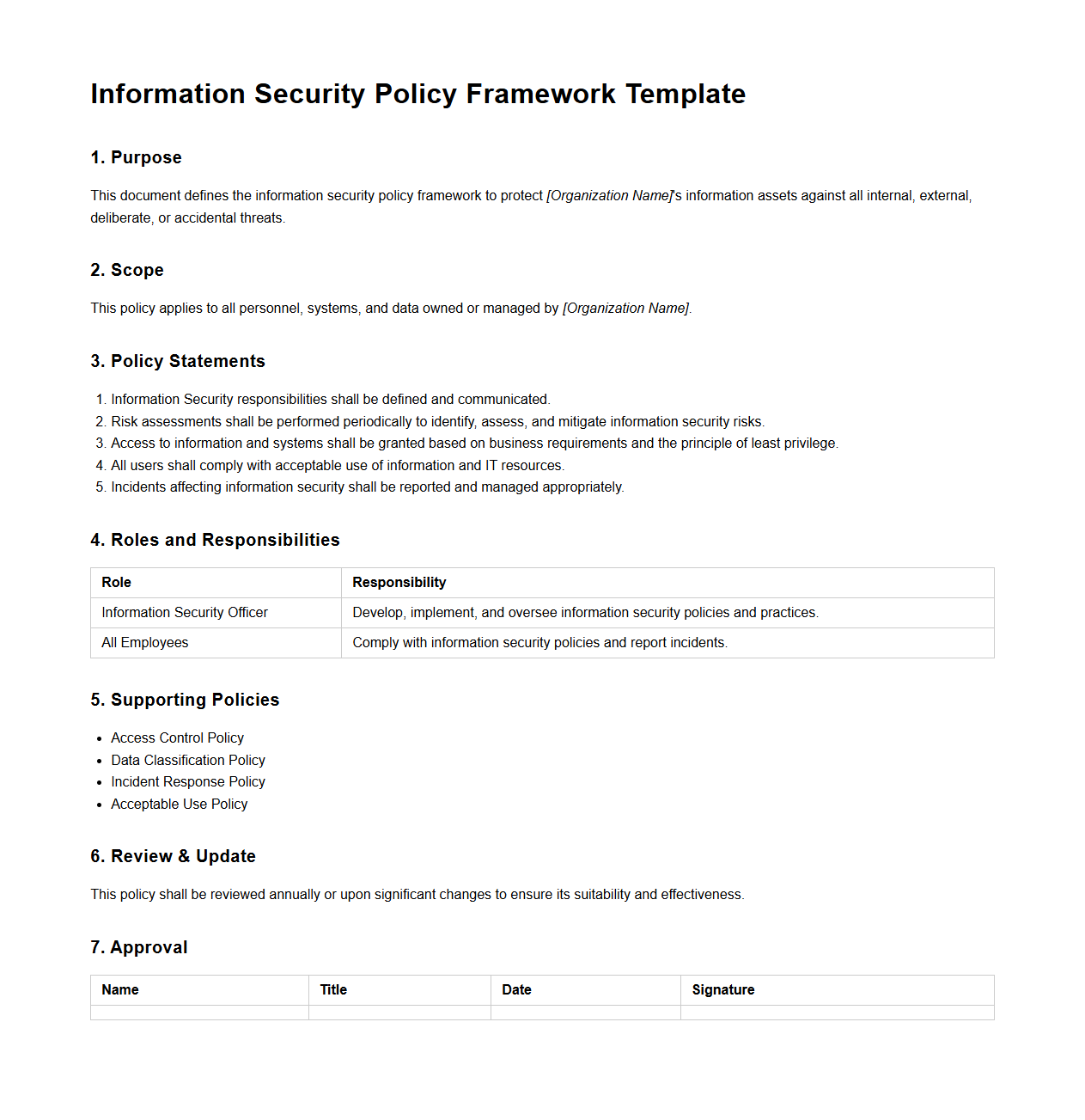 Information Security Policy Framework Template