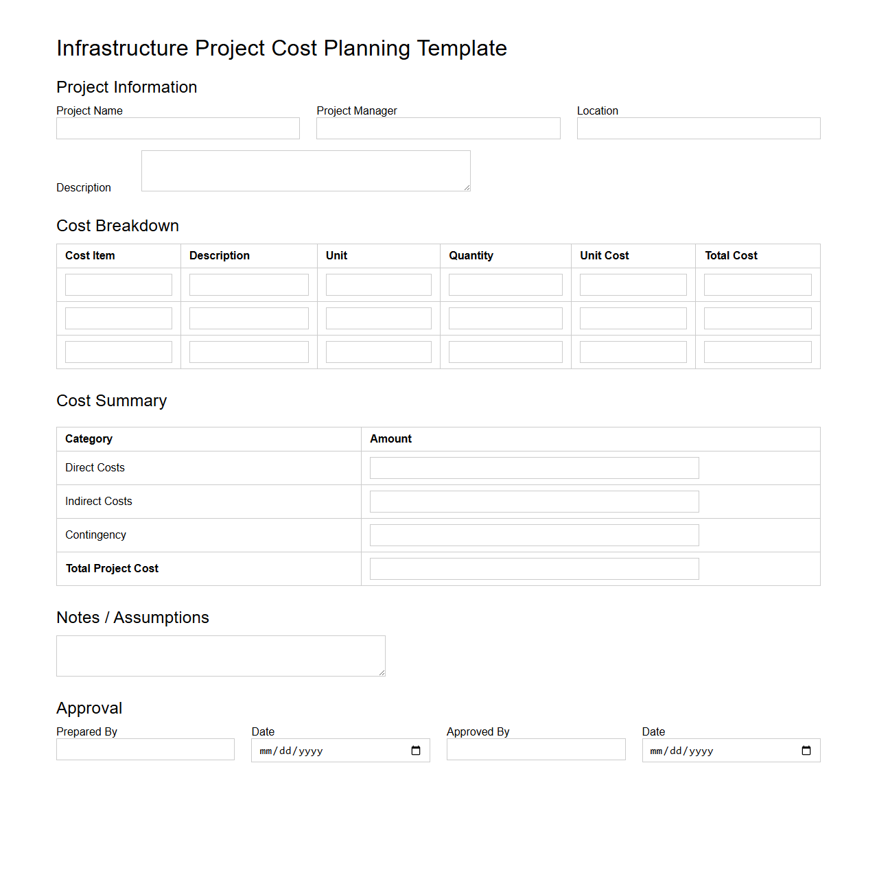 Infrastructure Project Cost Planning Template