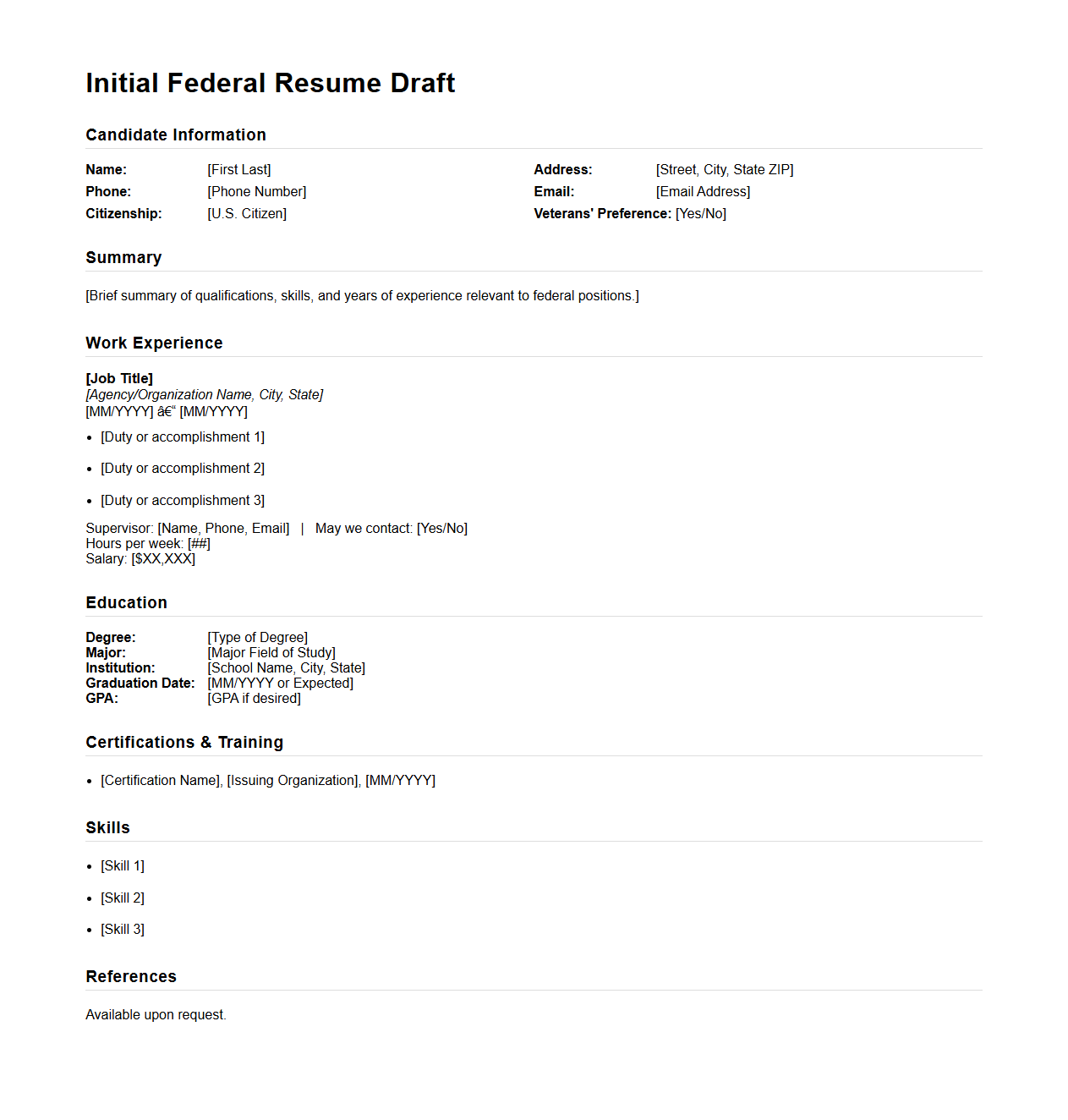 Initial Federal Resume Draft for Competitive Service