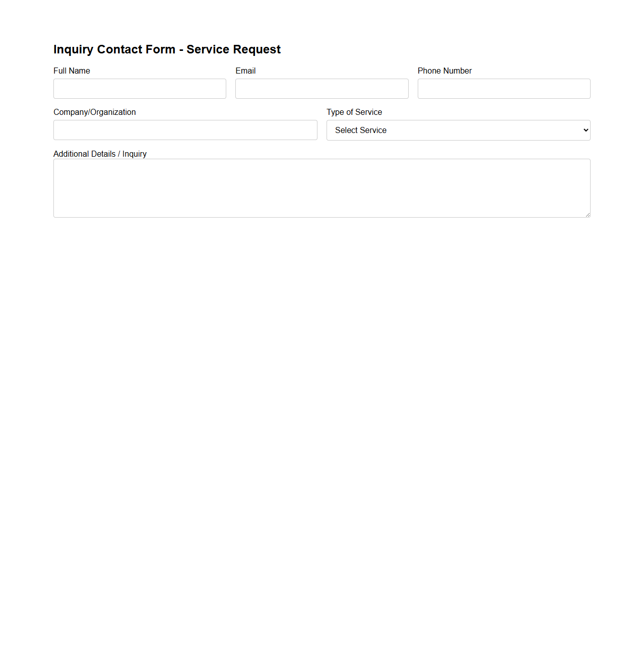 Inquiry Contact Form for Service Requests