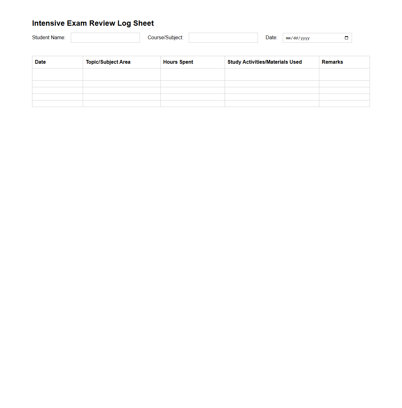 Intensive Exam Review Log Sheet