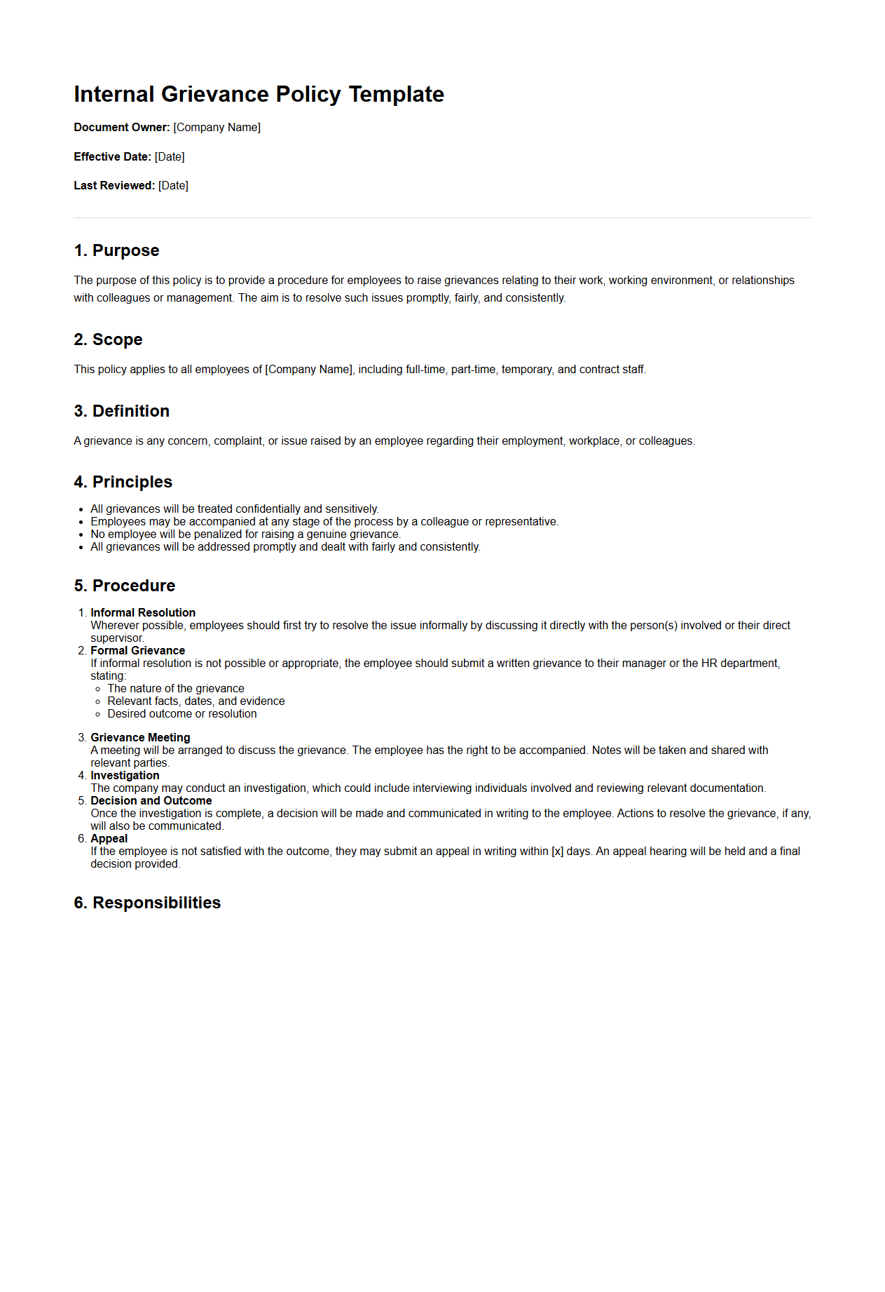 Internal Grievance Policy Template for Businesses