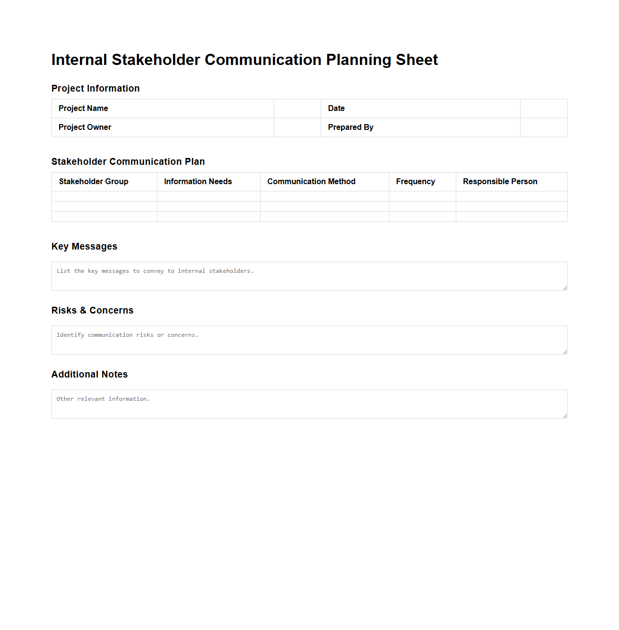 Internal Stakeholder Communication Planning Sheet