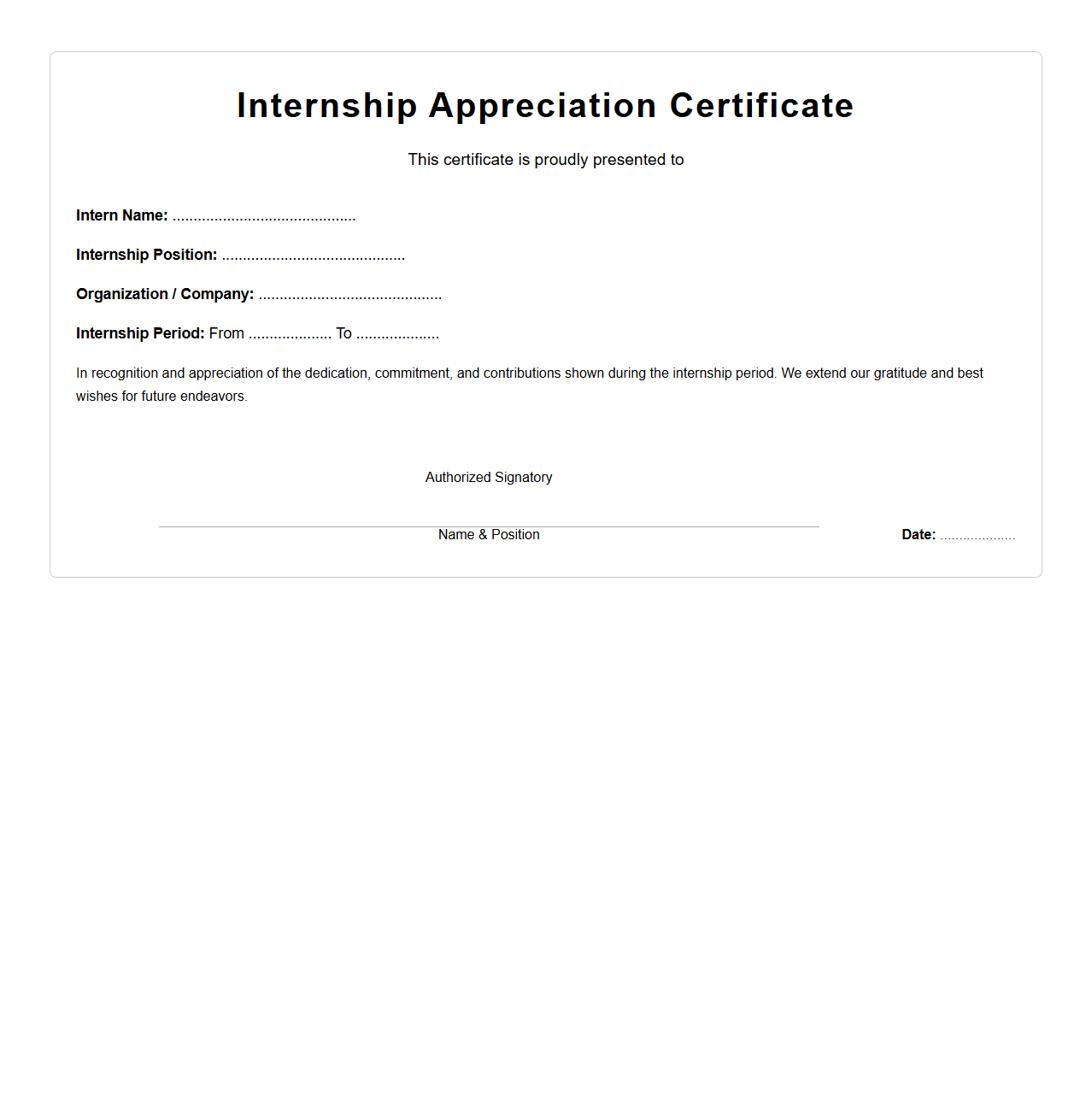 Internship Appreciation Certificate Structure