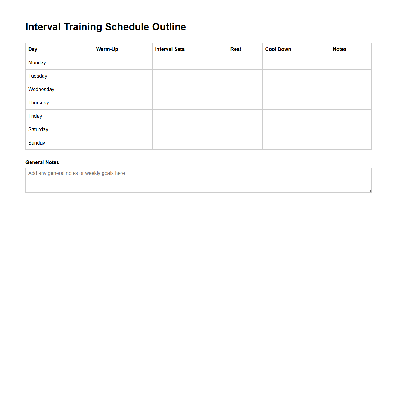 Interval Training Blank Schedule Outline