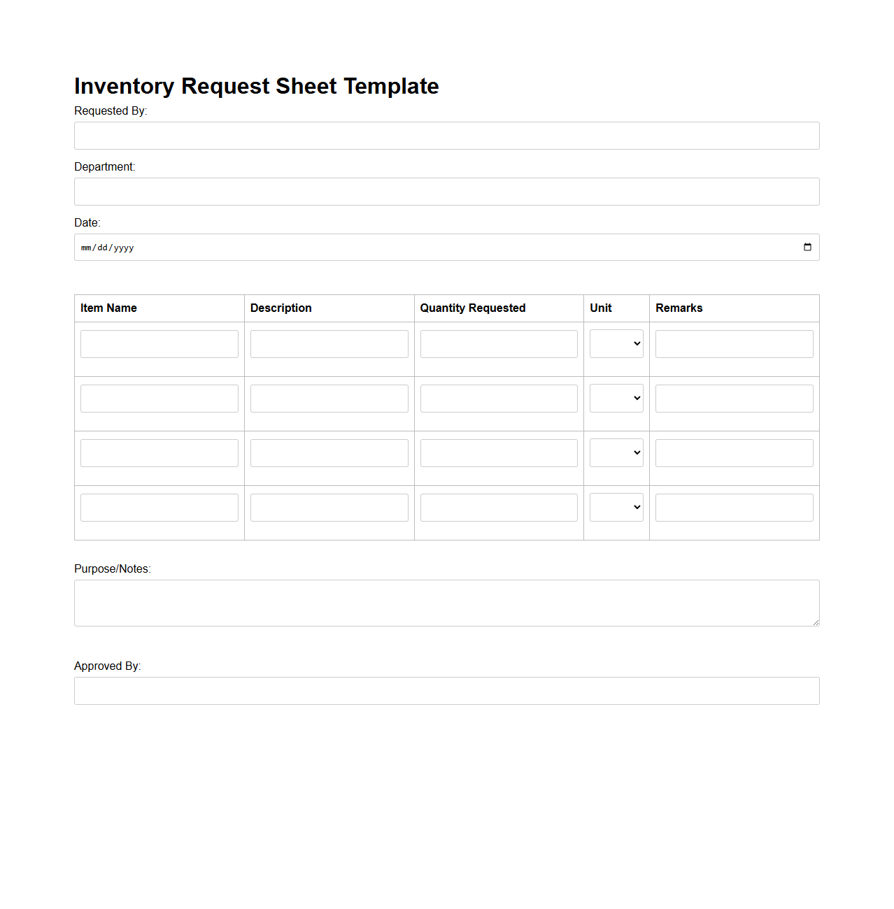 Inventory Request Sheet Template for Supplies