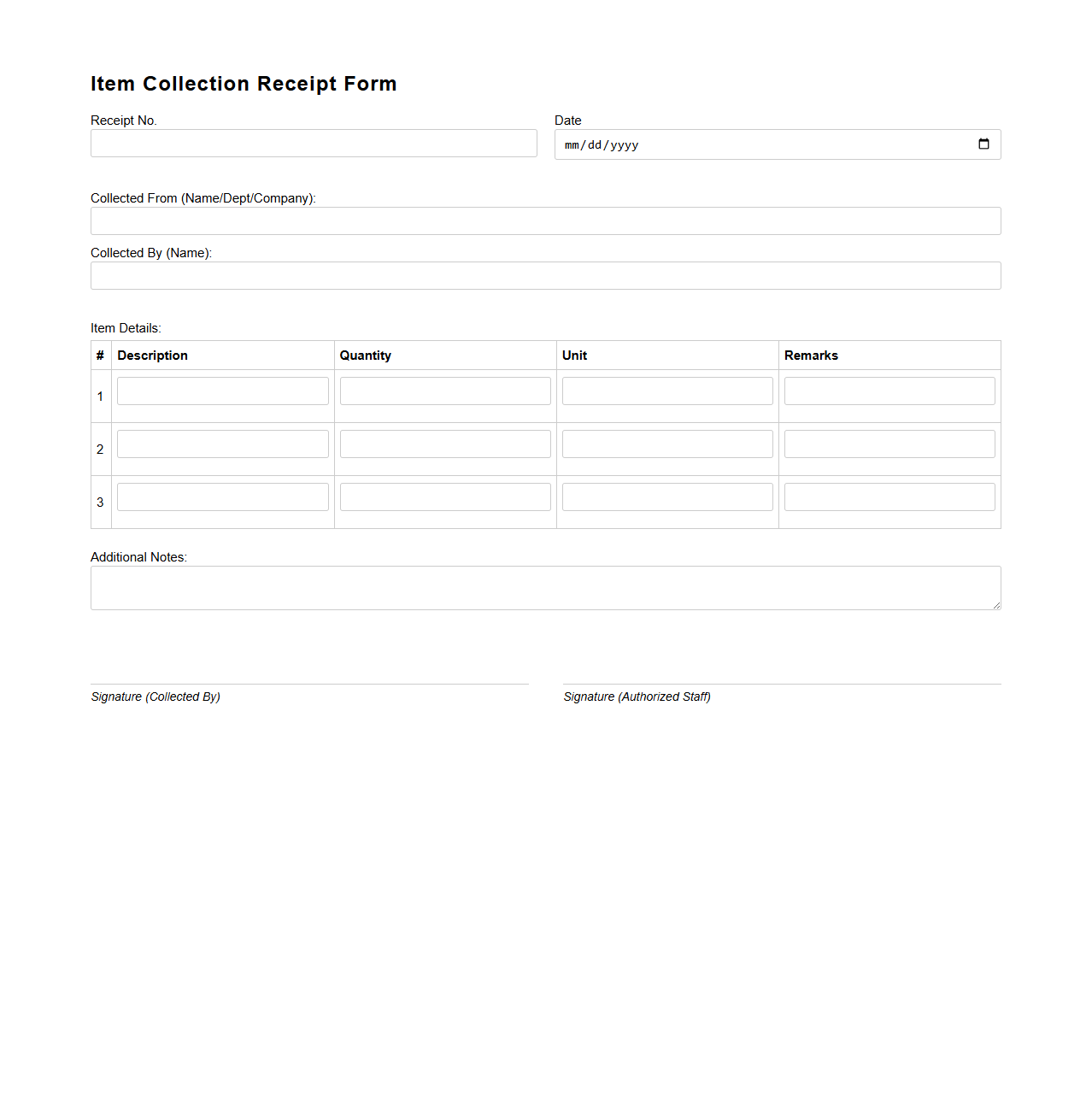 Item Collection Receipt Form Template