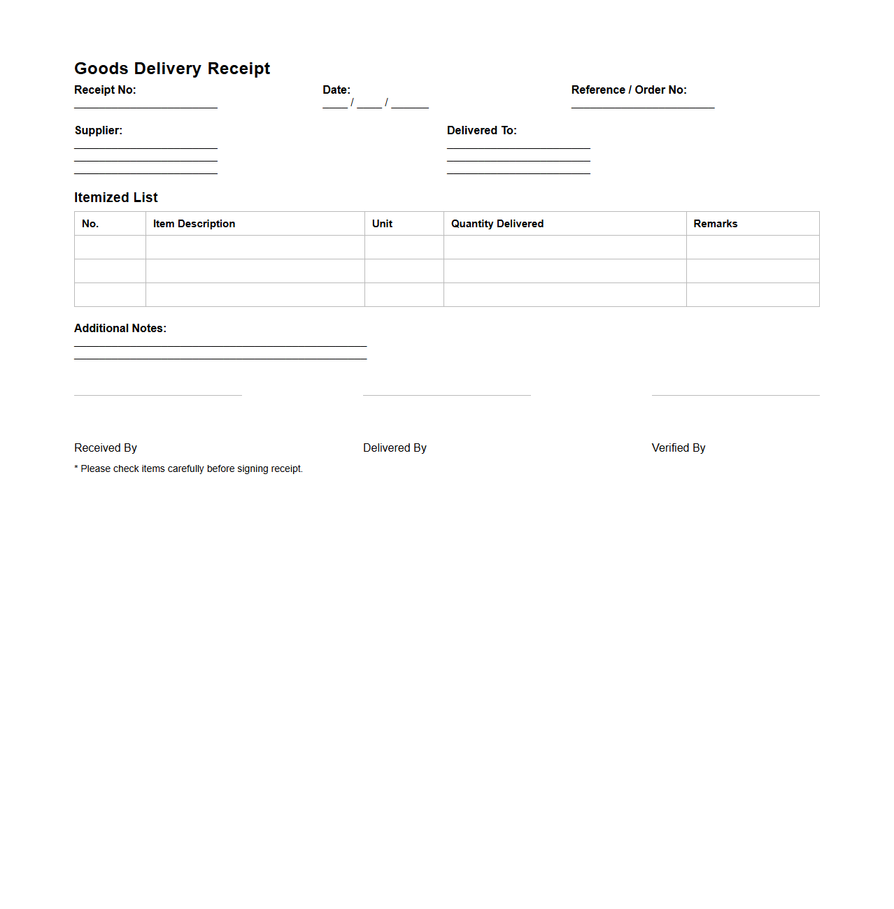 Itemized Goods Delivery Receipt Format