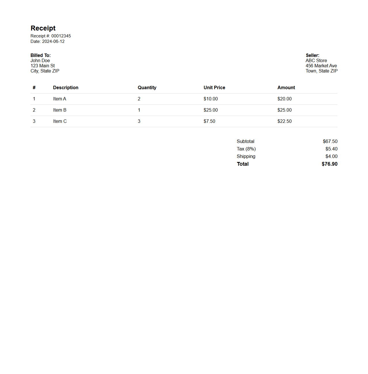 Itemized Purchase Receipt Layout