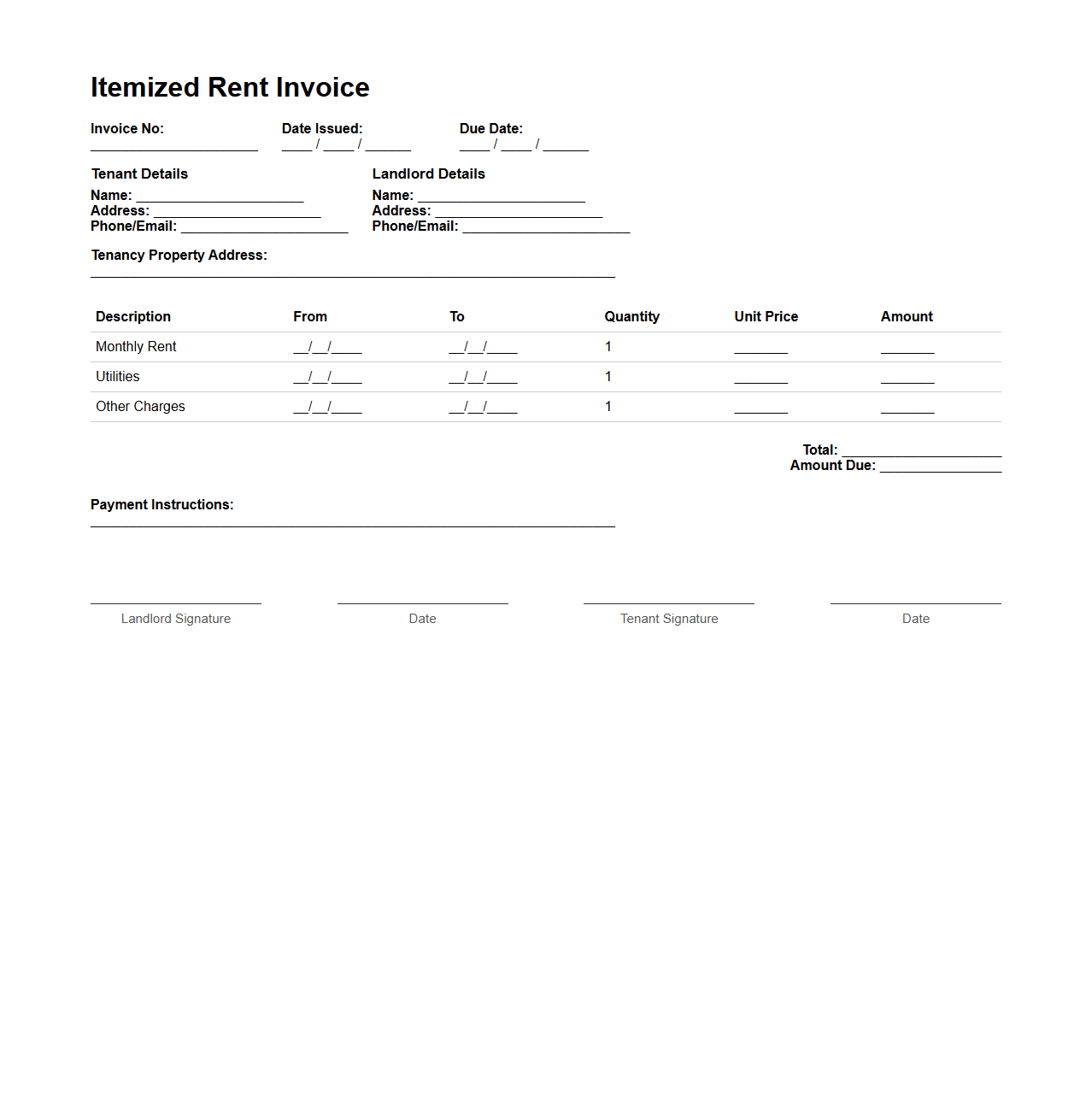 Itemized Rent Invoice for Tenancy Agreements