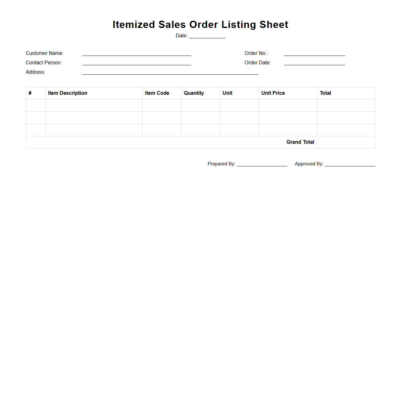 Itemized Sales Order Listing Sheet