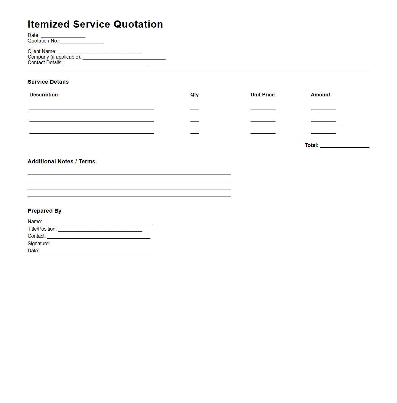 Itemized Service Quotation Document for Client Inquiries