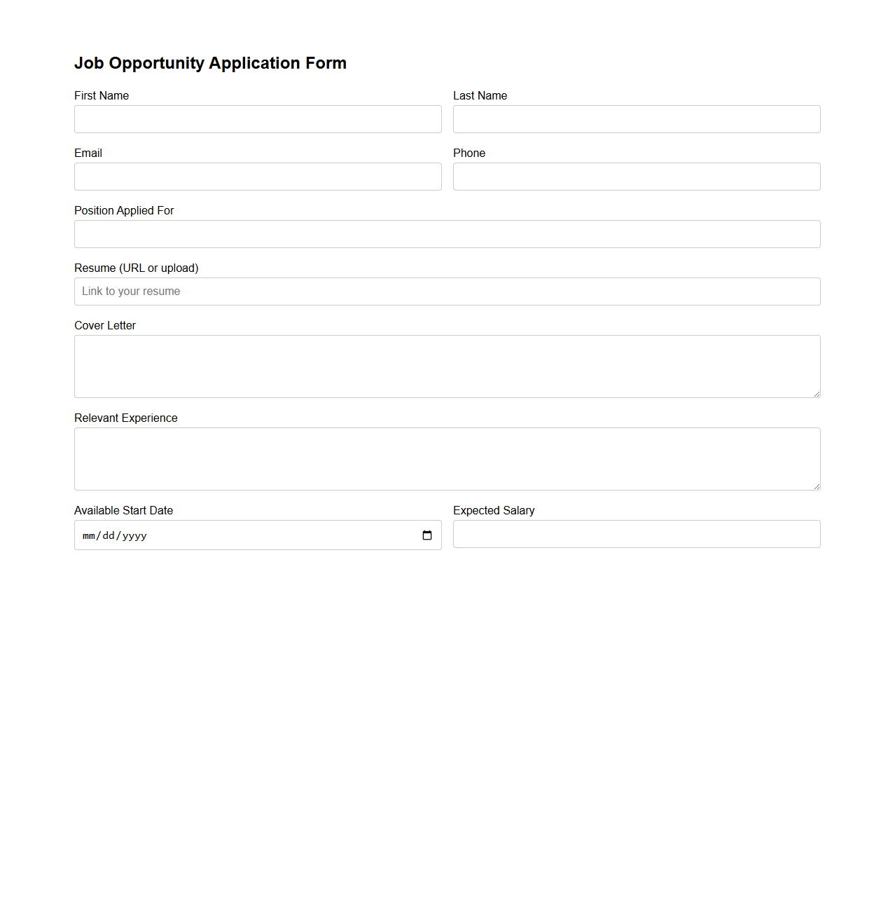 Job Opportunity Application Form Template