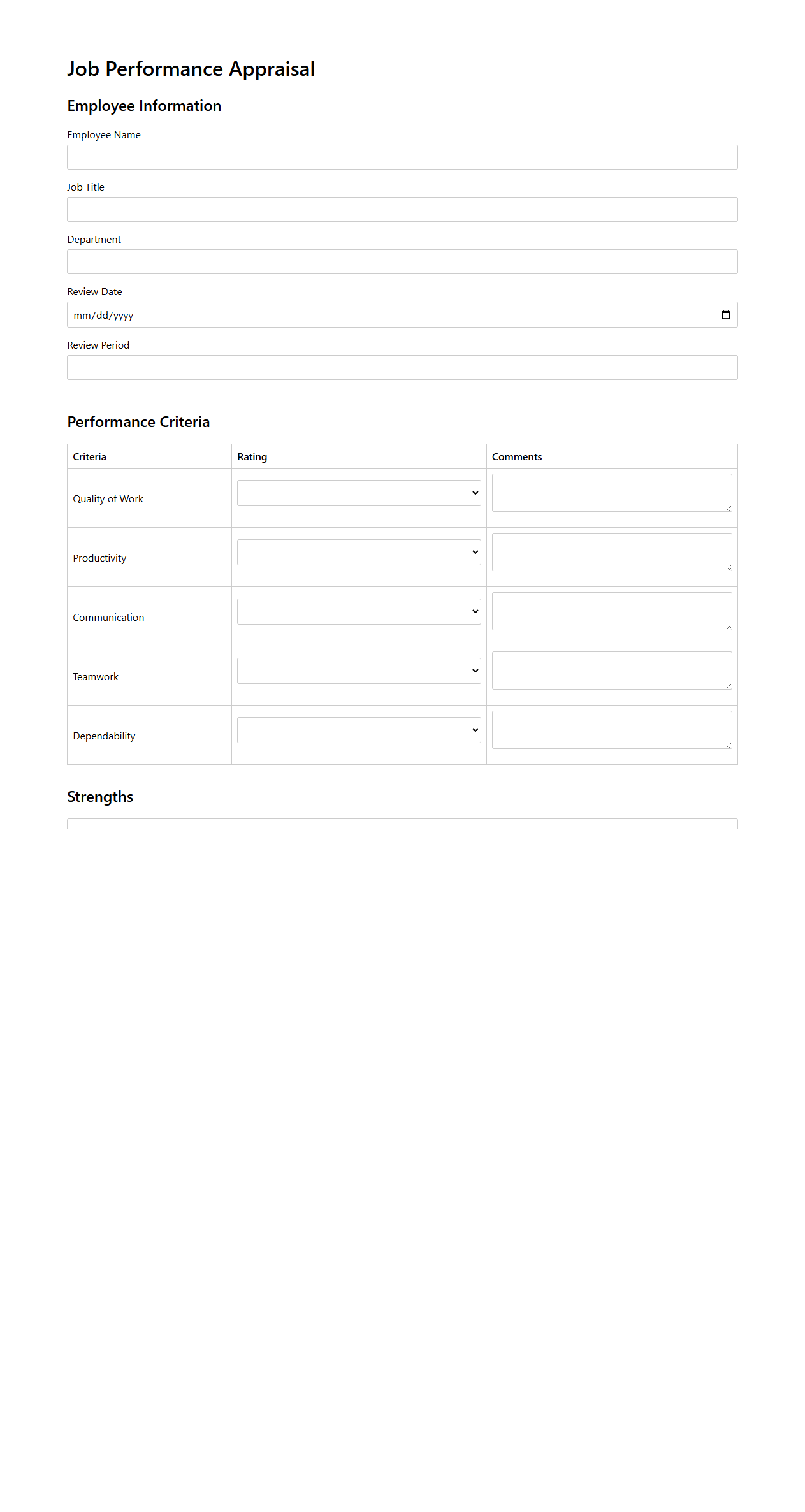 Job Performance Appraisal Blank Template