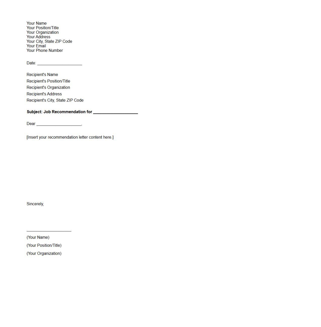 Job Recommendation Blank Letter Layout